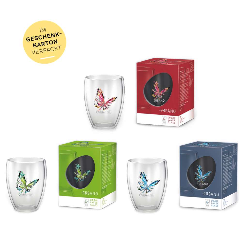 Creano doppelwandiges Tee-Glas, Latte Macchiato, Thermobecher Schmetterling | 250ml in exklusiver Geschenkbox (3er Set)