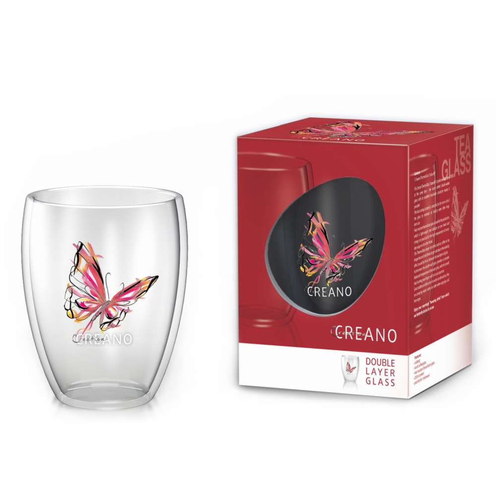 Creano doppelwandiges Tee-Glas, Latte Macchiato, Thermobecher Schmetterling | 250ml in exklusiver Geschenkbox (6er Set)