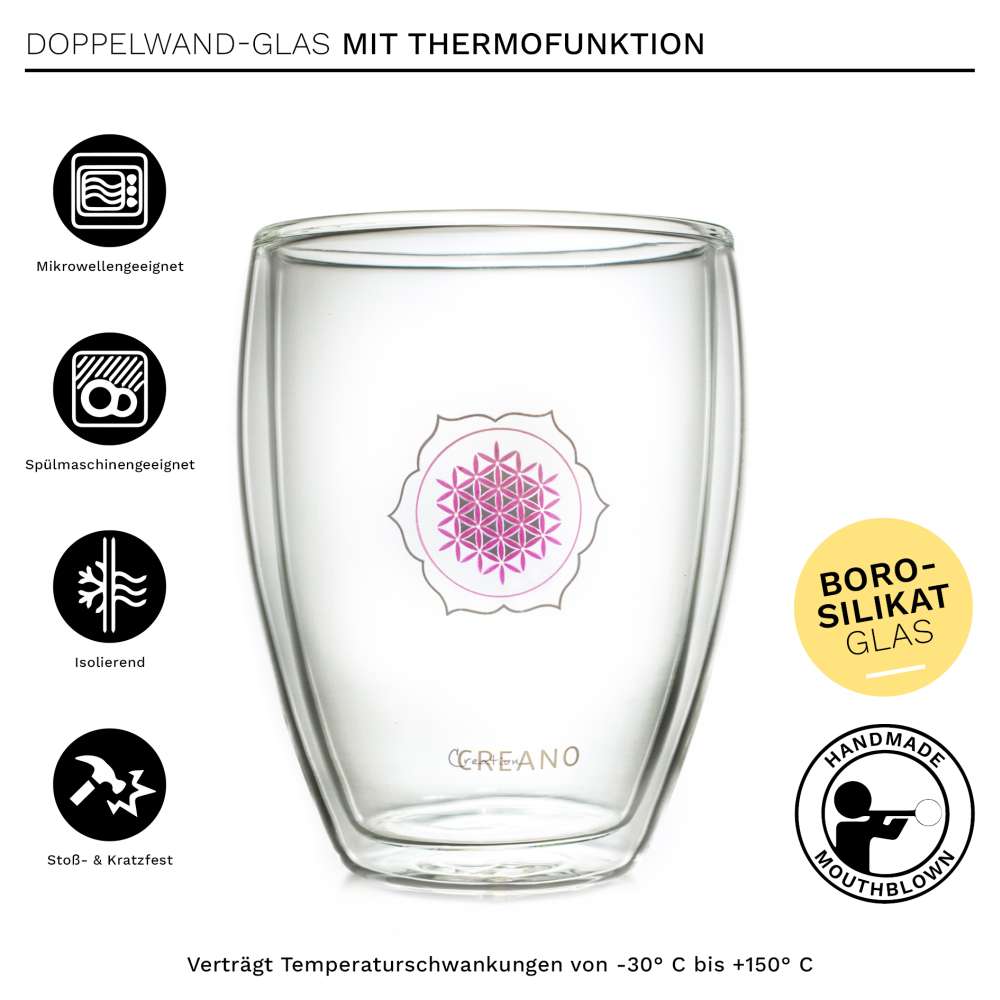 Creano doppelwandiges Tee-Glas, Latte Macchiato, Thermobecher Blume des Lebens | 250ml, in exklusiver Geschenkbox 2er Set