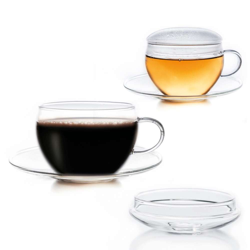 Creano 2er-Set Glas-Tasse mit Untertasse & Deckel, praktisch für ErblühTeelini, exqusiTea, Cappuccino, Latte Macchiato | 200ml