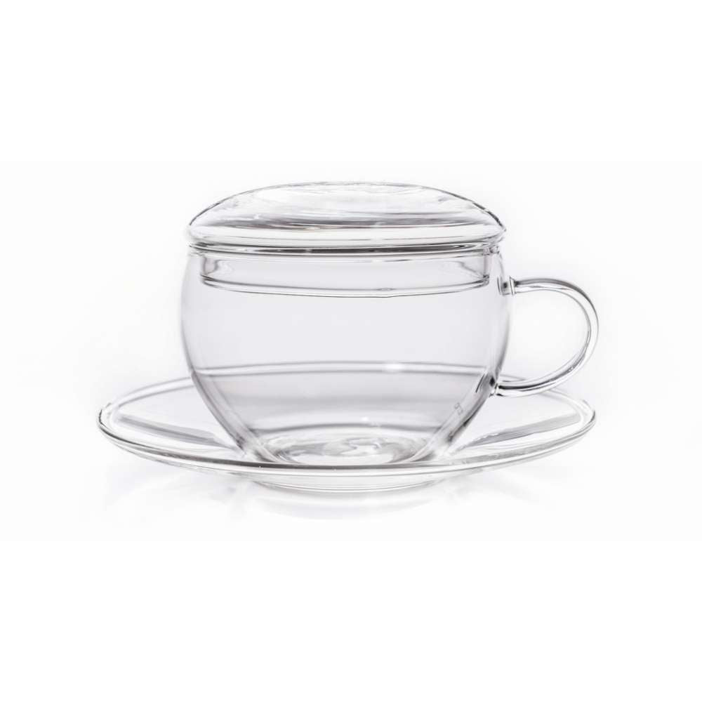 Creano 2er-Set Glas-Tasse mit Untertasse & Deckel, praktisch für ErblühTeelini, exqusiTea, Cappuccino, Latte Macchiato | 200ml