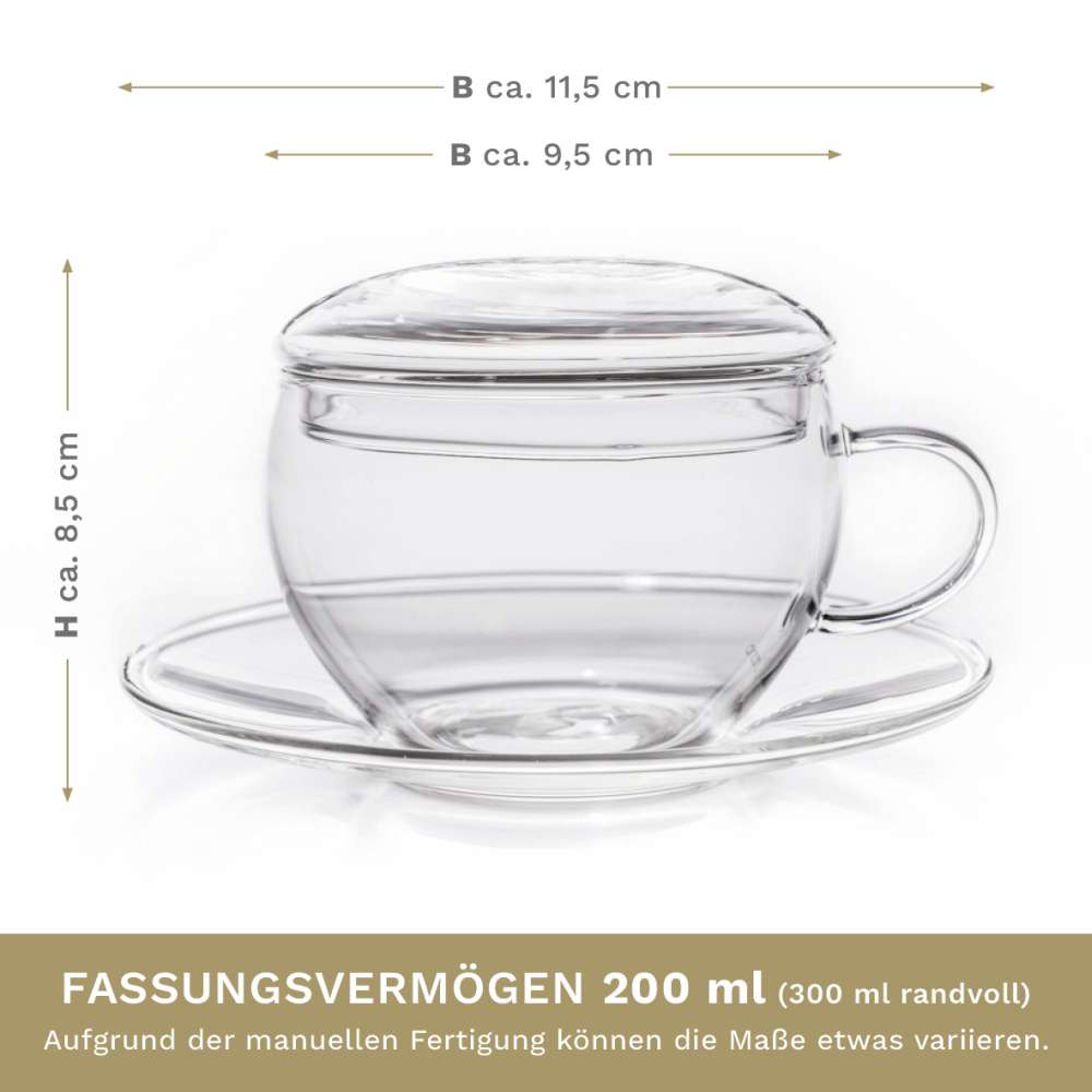 Creano 2er-Set Glas-Tasse mit Untertasse & Deckel, praktisch für ErblühTeelini, exqusiTea, Cappuccino, Latte Macchiato | 200ml