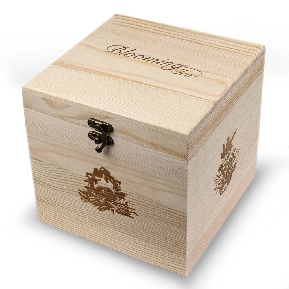 Creano Teeblumen - Mix Geschenkset Erblühtee mit 500ml Glaskanne in edler Holz-Dekobox - 6 verschiedene Teerosen in 3 Sorten (Schwarzer Tee)