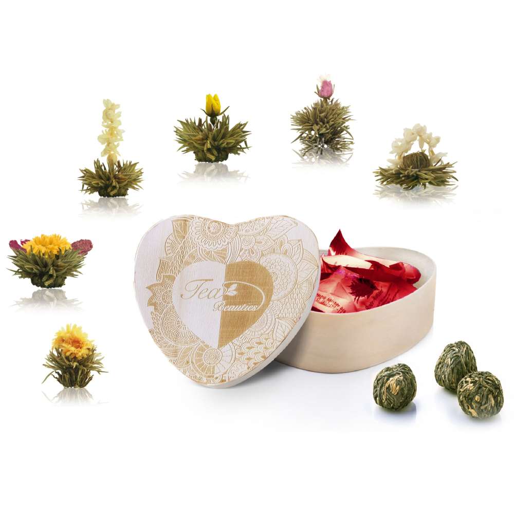 Creano Erblühtee Teeblumen in Holzschachtel in Herzform 6 Sorten aus weißer Tee, Geschenk für Frauen, Mutter, Teeliebhaber