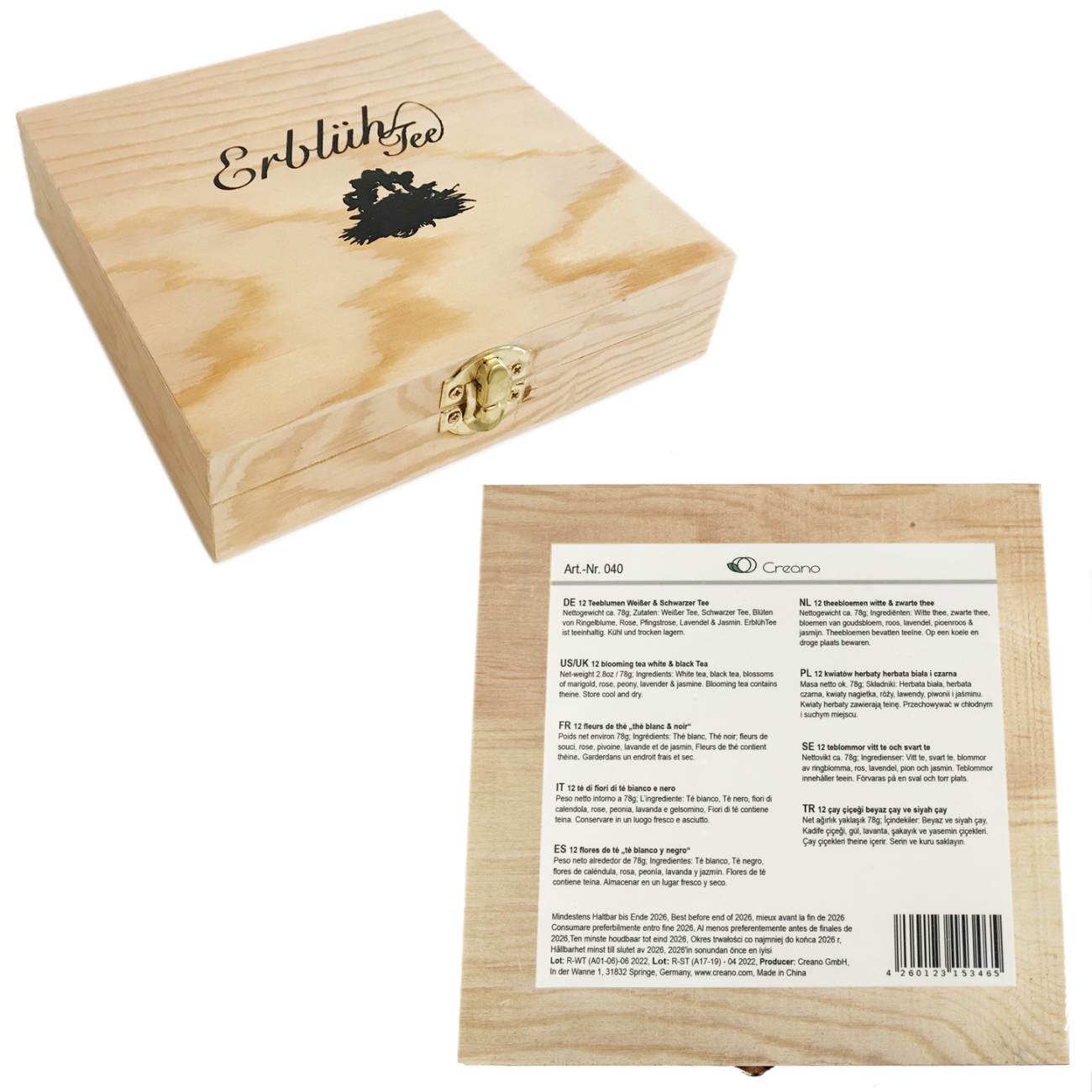 Creano Teeblumen Geschenkset in Teekiste aus Holz 12 Erblühtee in 9 Sorten Weißtee & Schwarztee, Geschenk für Frauen, Mutter, Teeliebhaber