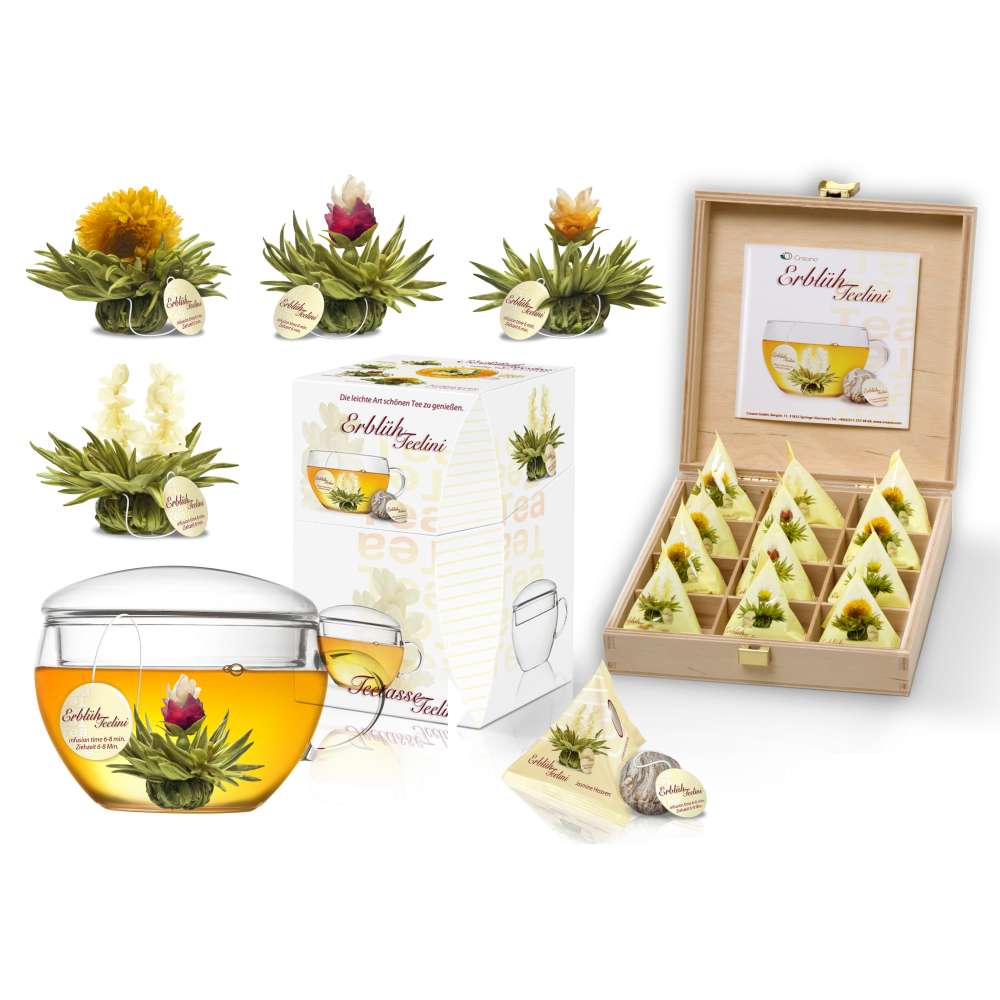 ErblühTeelini Weißtee Geschenkset und Holzkiste mit 12 ErblühTeelini Weißtee