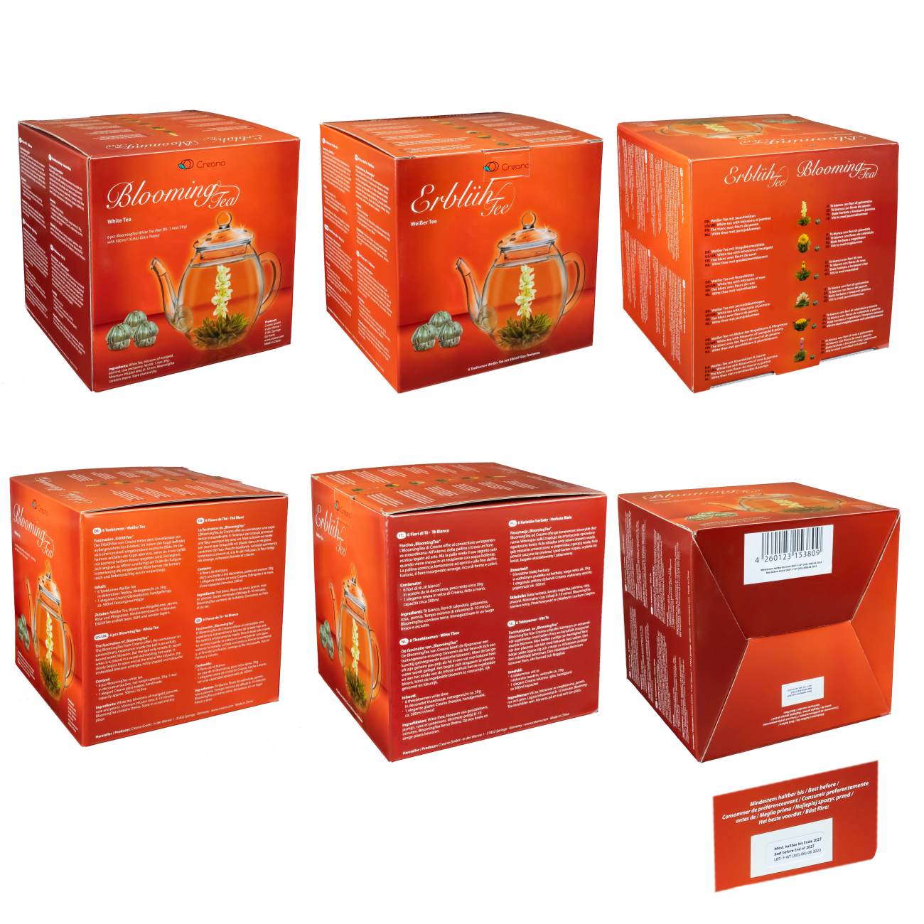 6er Set ErblühTee in Herz-Holzbox + 500ml Teekanne