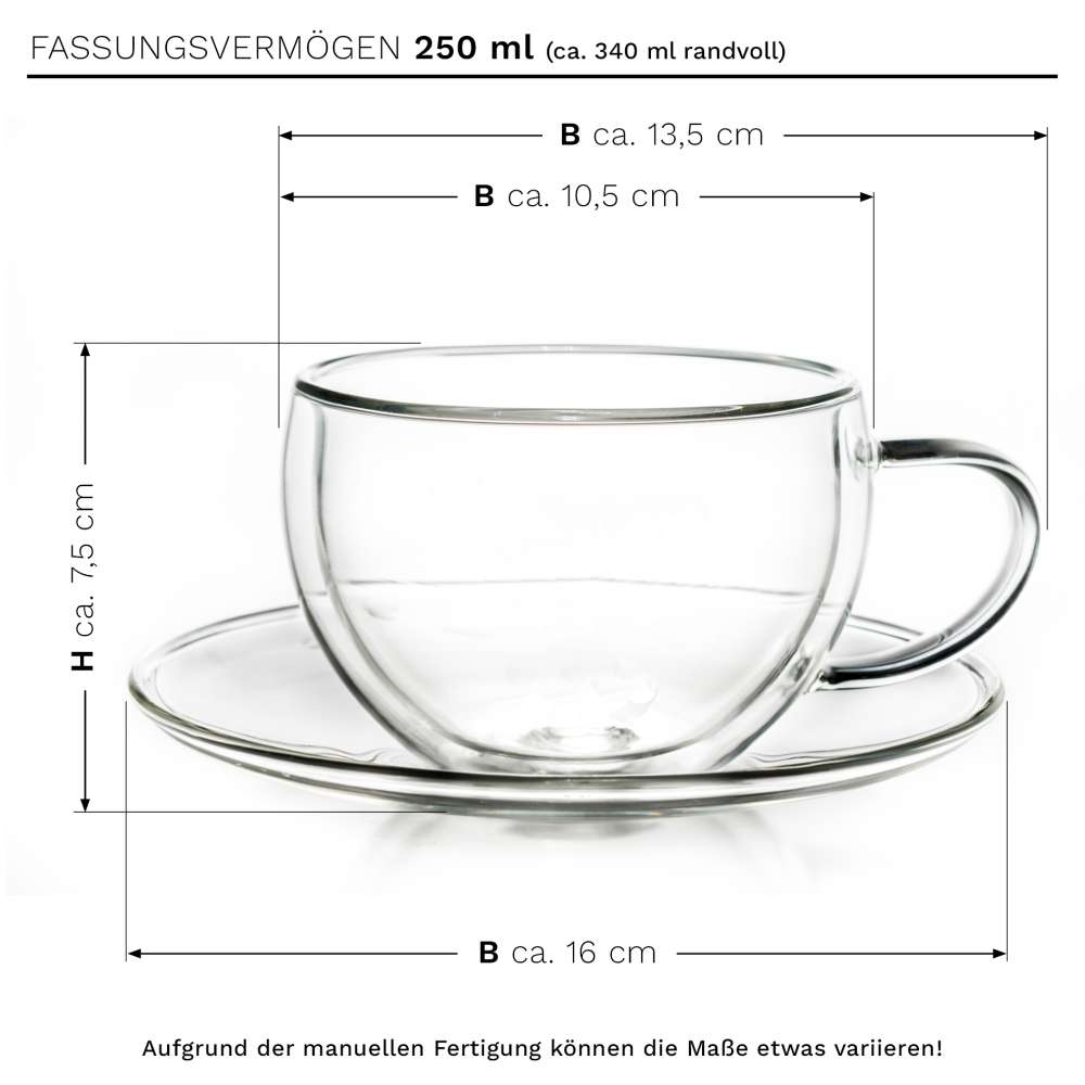 Creano doppelwandige Thermo-Tasse (Set: 1er, 2er, 4er, 6er) mit Untersetzer | 250ml