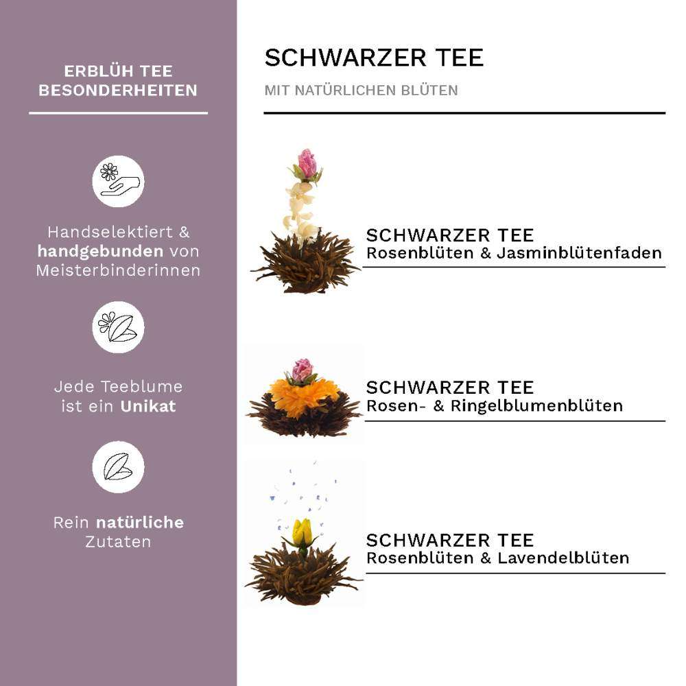 Creano Teeblumen Mix - Geschenkset Erblühtee mit Glaskanne, Schwarztee (6 Teerosen in 3 verschiedenen Sorten) Geschenk für Frauen, Mutter, Teeliebhaber
