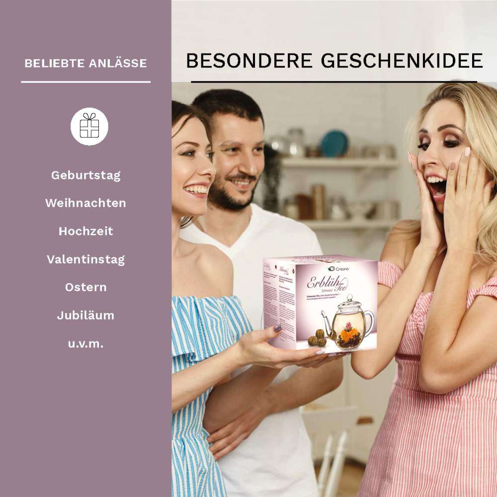 Creano Teeblumen Mix - Geschenkset Erblühtee mit Glaskanne, Schwarztee (6 Teerosen in 3 verschiedenen Sorten) Geschenk für Frauen, Mutter, Teeliebhaber