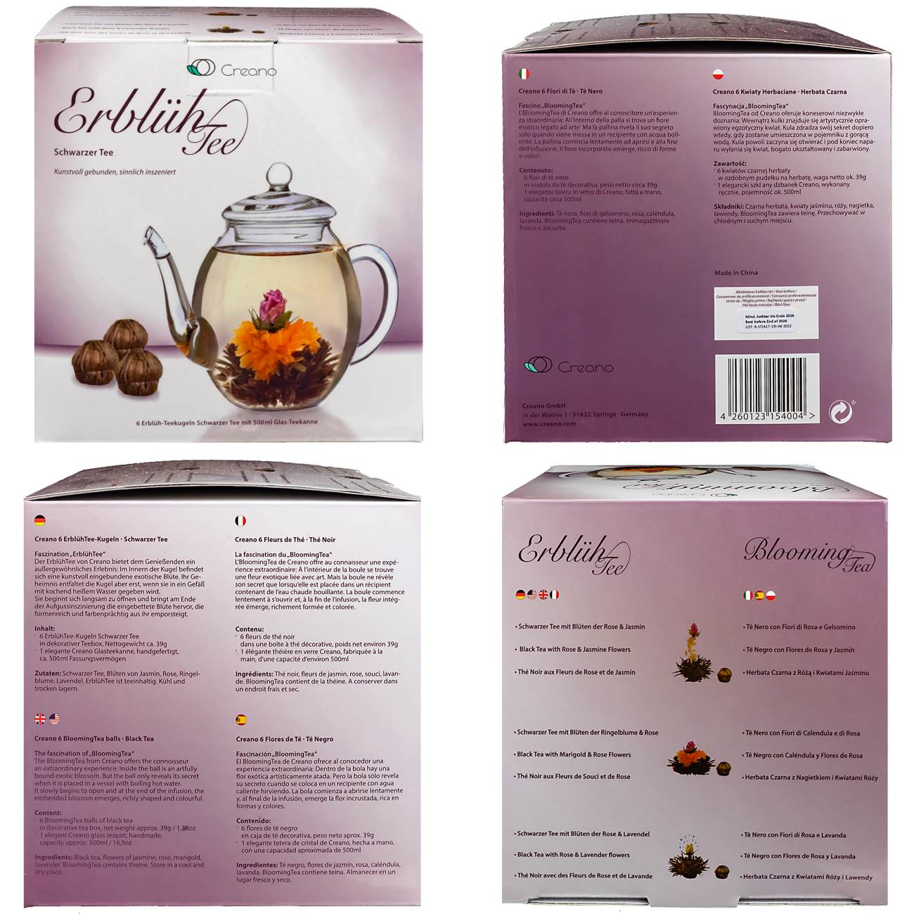 Creano Teeblumen Mix - Geschenkset Erblühtee mit Glaskanne, Schwarztee (6 Teerosen in 3 verschiedenen Sorten) Geschenk für Frauen, Mutter, Teeliebhaber