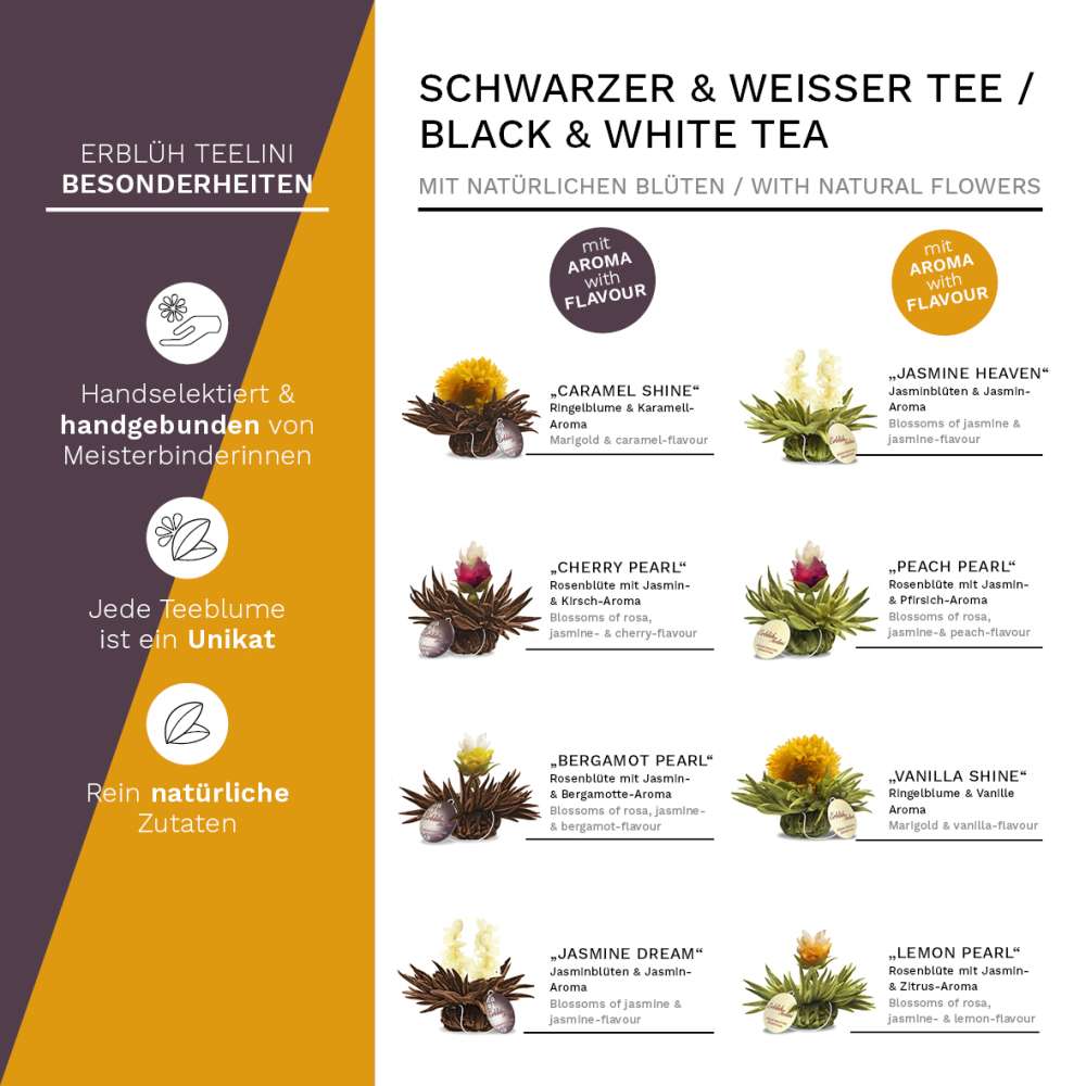 Creano Teelini Teeblumen im Tassenformat, Geschenkset in Teekiste aus Holz, 12 Erblühteelini in 8 Sorten - Weißer Tee & Schwarzer Tee