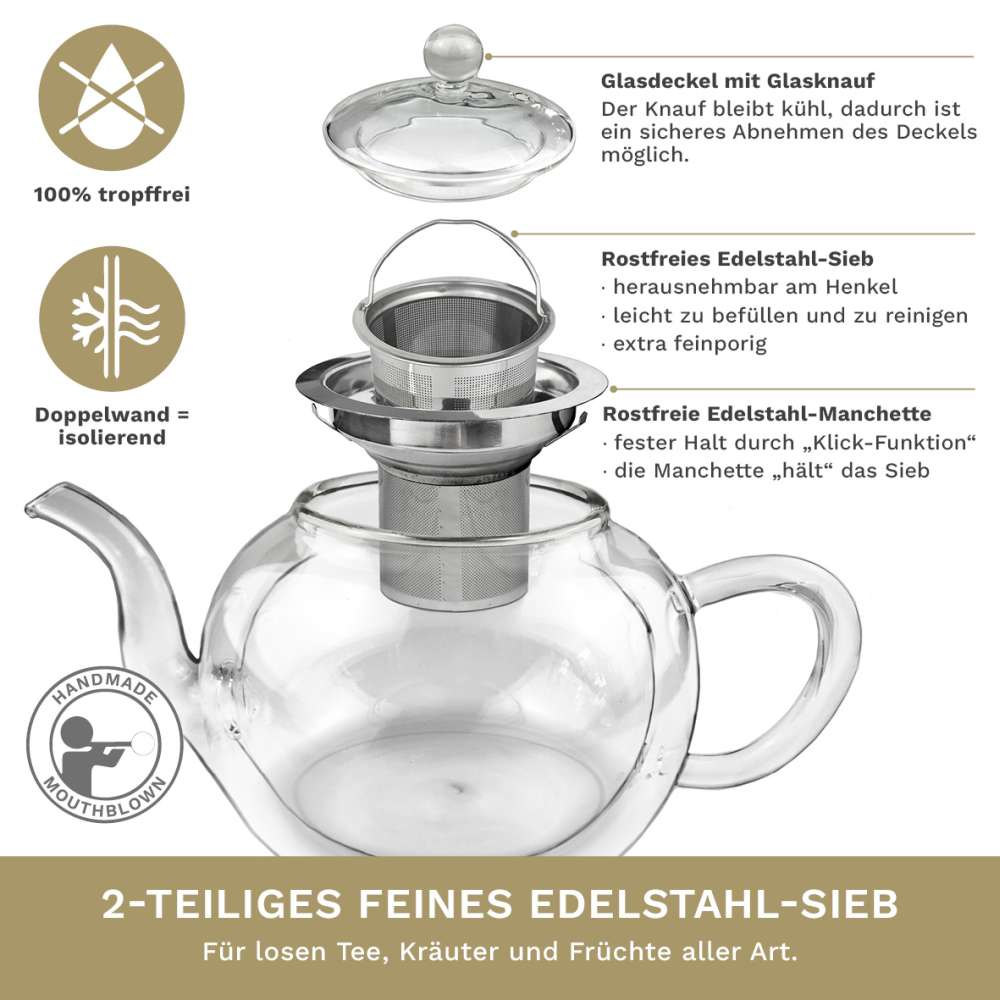 Creano doppelwandige Glas-Teekanne 1,2l mit Edelstahlfilter - tropffrei