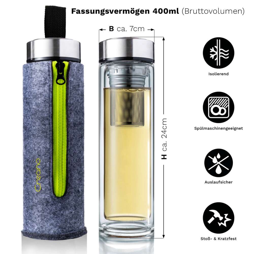 Creano doppelwandiger Thermo-Teamaker grün mit Kräuter-/Früchteteemischungen | 400 ml