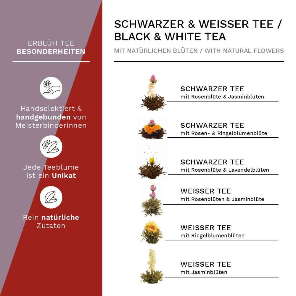 Creano Teeblumen Mix - Geschenkset ErblühTee mit Glaskanne 500ml Weißtee & Schwarztee mit 6 Teekugeln je 3x weißer & schwarzer Tee, Geschenk für Frauen, Mutter, Teeliebhaber
