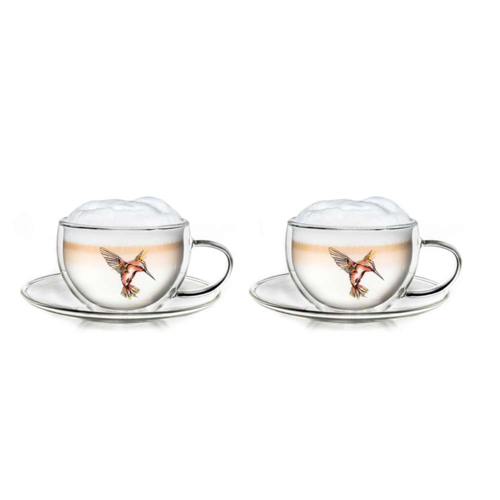 Creano 2er-Set (blau, grün, rot) Doppelwandige Kolibri Thermo-Tasse Mit Untersetzer „Hummi“ | 250ml
