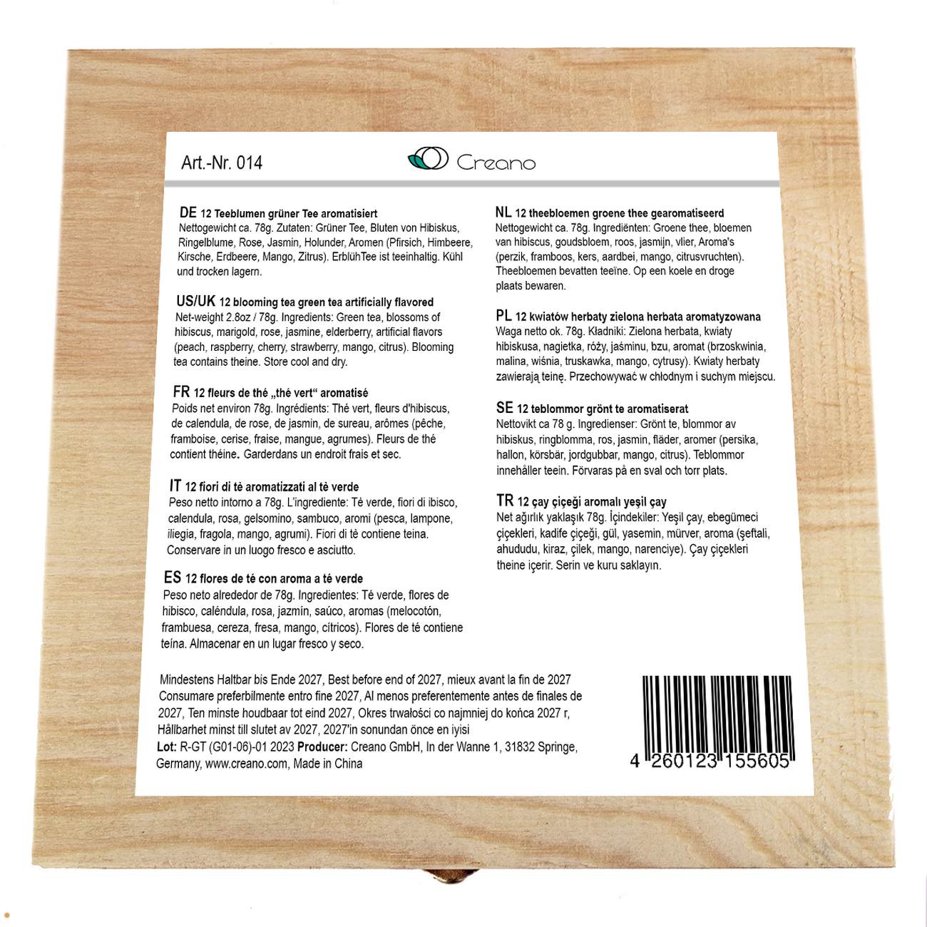 Creano Teeblumen Geschenkset in Holz Teekiste 12 Erblühtee in 6 Sorten grüner Tee fruchtig aromatisiert, Fruity Flavor