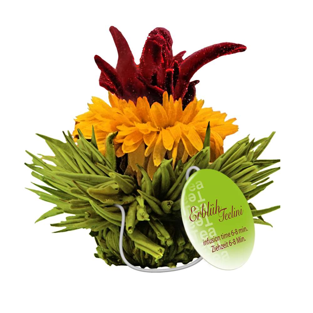 Creano Teeblumen im Tassenformat "ErblühTeelini" - 8 Teeblüten in 4 verschiedenen Sorten (Grüner Tee)