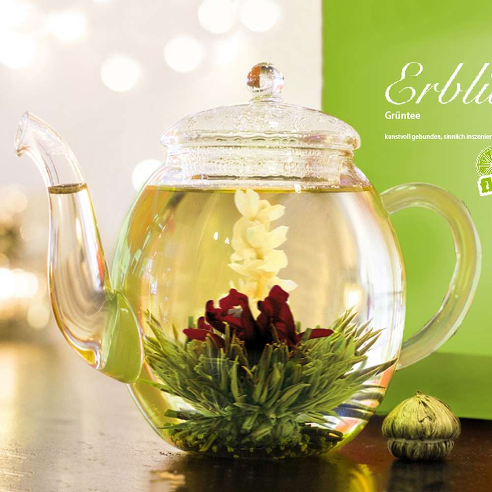 Creano Teelini Teeblumen im Tassenformat, Geschenkset in Teekiste, 12 ErblühTeelini in 4 Sorten, Grüner Tee