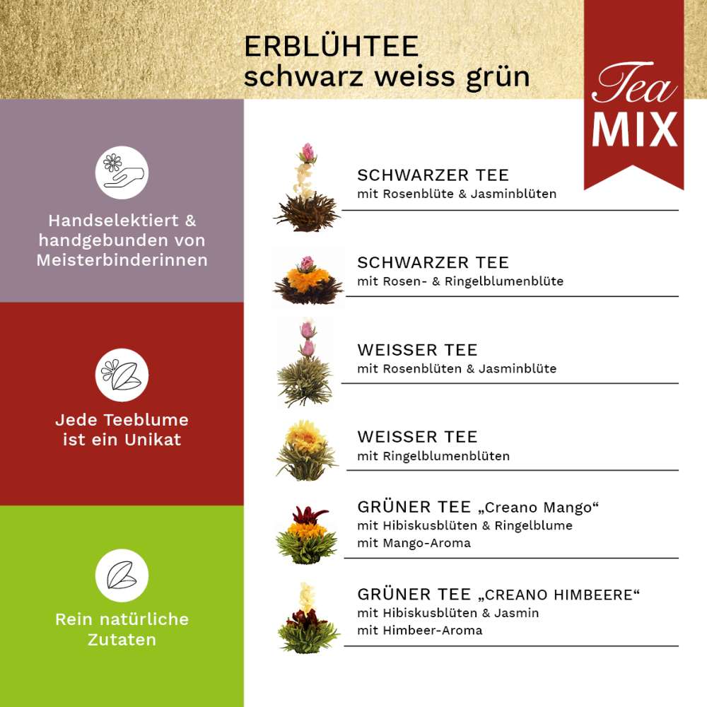 Creano Teeblumen Mix - 6 Erblühtee weißer, grüner & schwarzer Tee, Teeblume, Blooming Tea, Geschenk für Frauen
