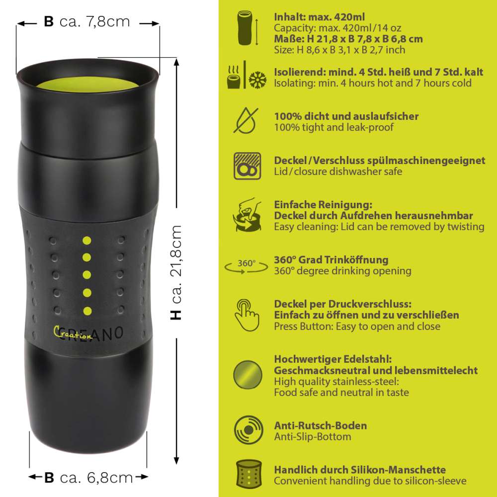 Creano Thermoskanne Design Travel Mug 420ml, grün / pink / schwarz