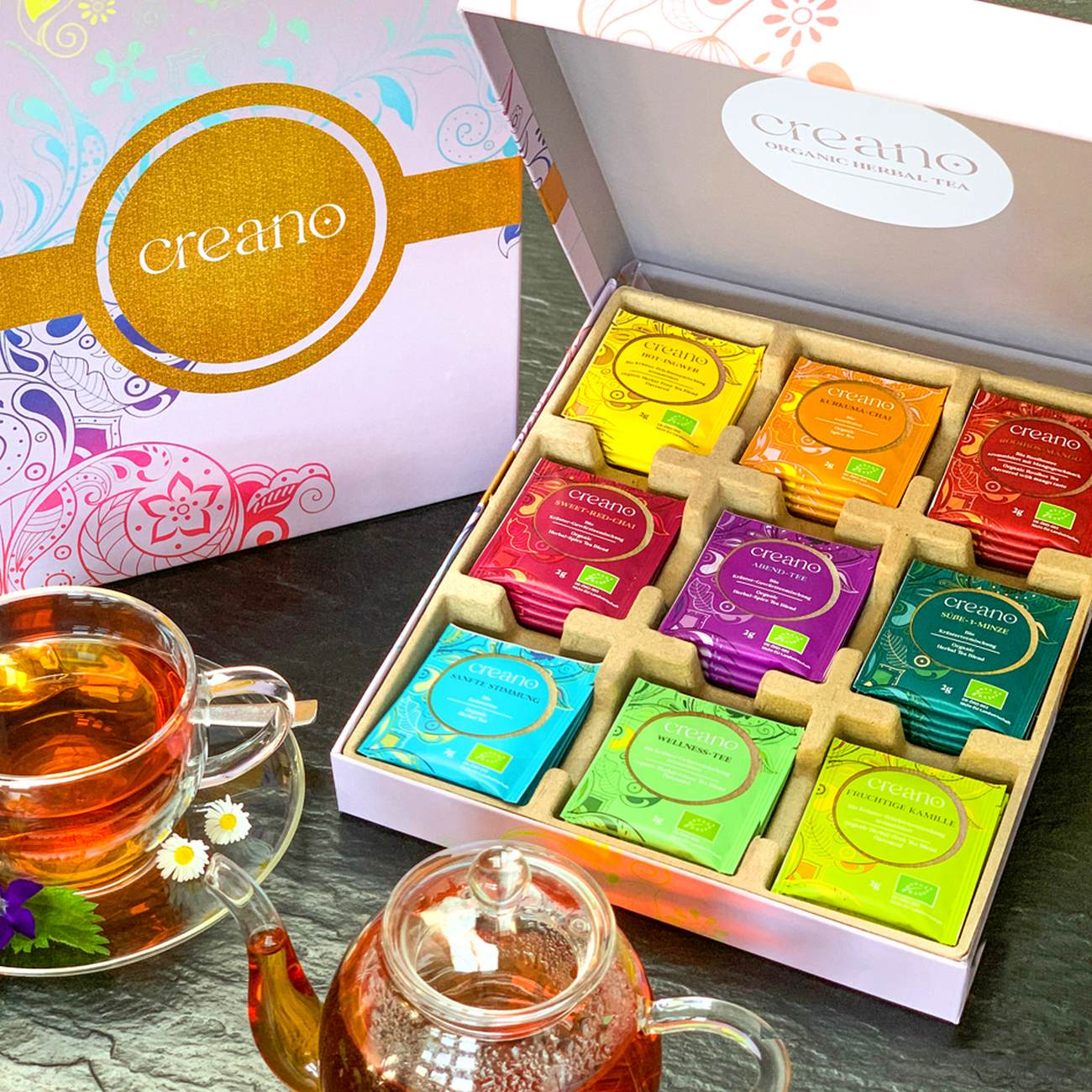 Creano Bio Kräutertee Mix Geschenkset „ORGANIC HERBAL TEA“, 45 Bio-Teebeutel in 9 unterschiedlichen Sorten, 90g *