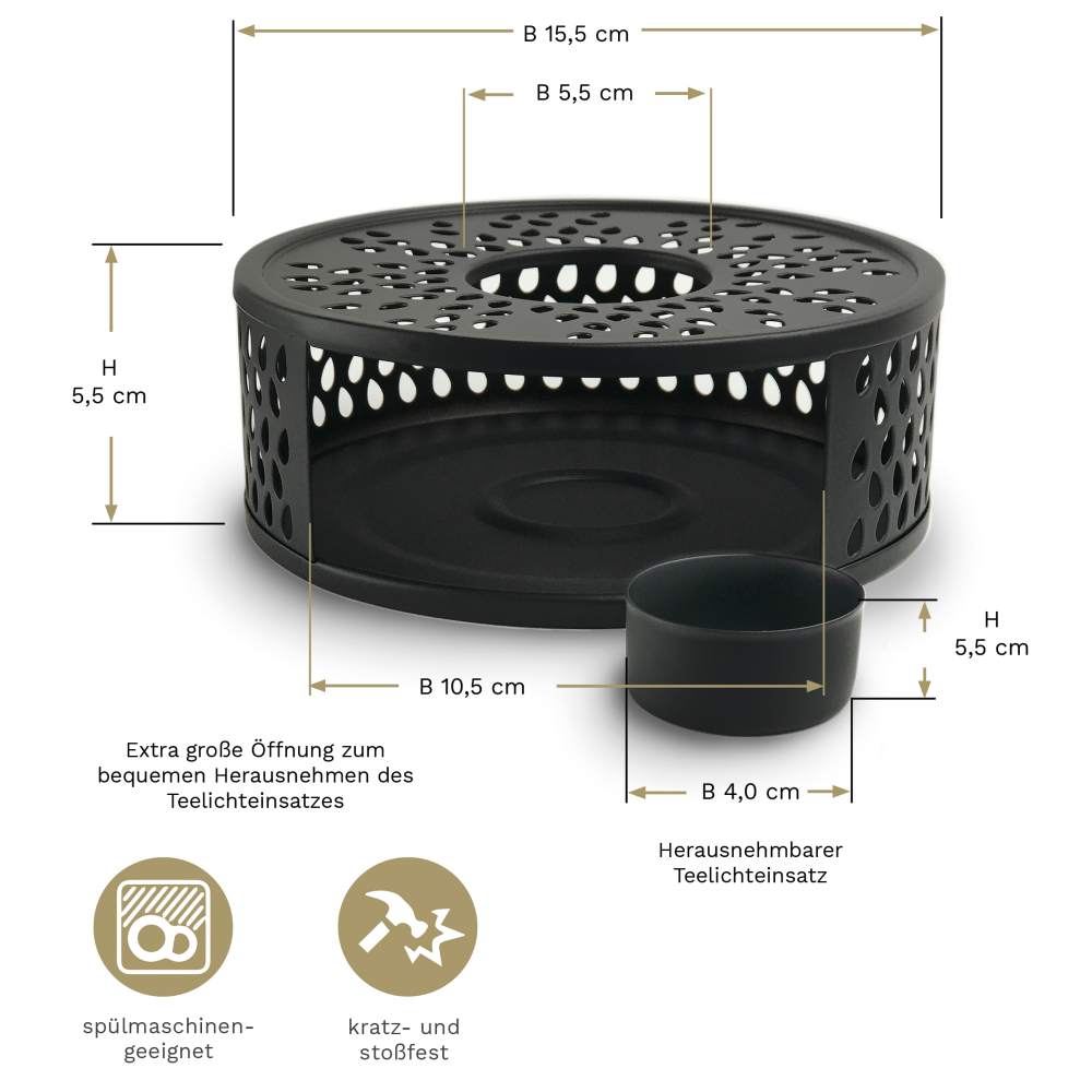 Creano schwarzes Stövchen "Leaf" aus Edelstahl mit Teelichthalter