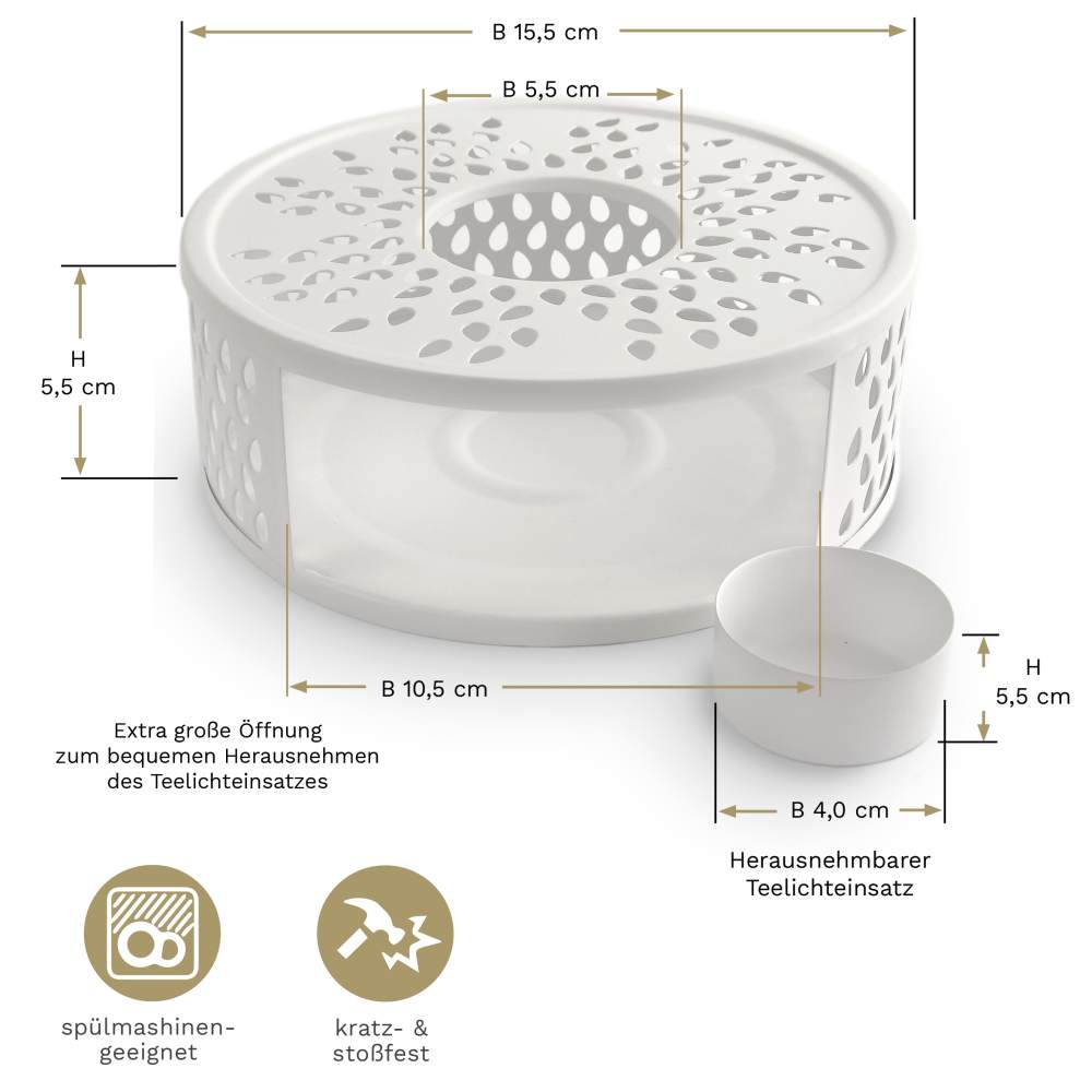 Creano weißes Stövchen "Leaf" aus Edelstahl mit Teelichthalter