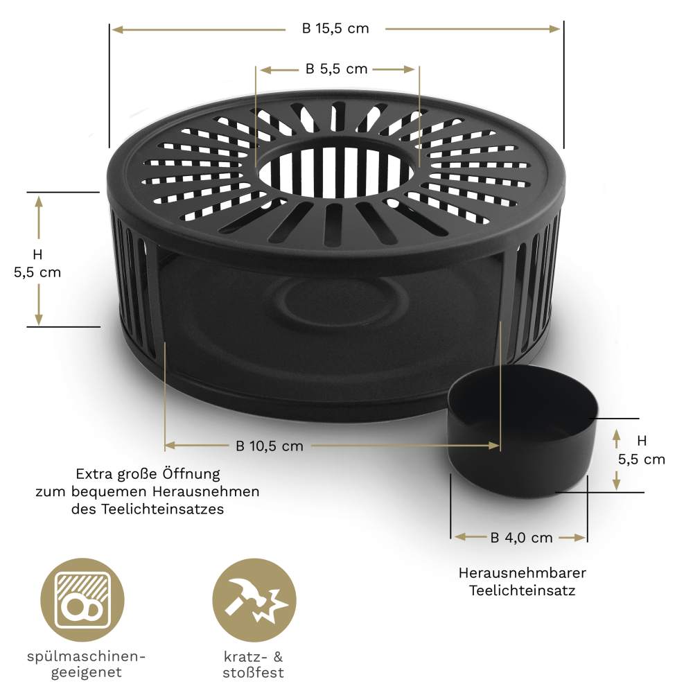 Creano schwarzes Stövchen "Stripes" aus Edelstahl mit Teelichthalter