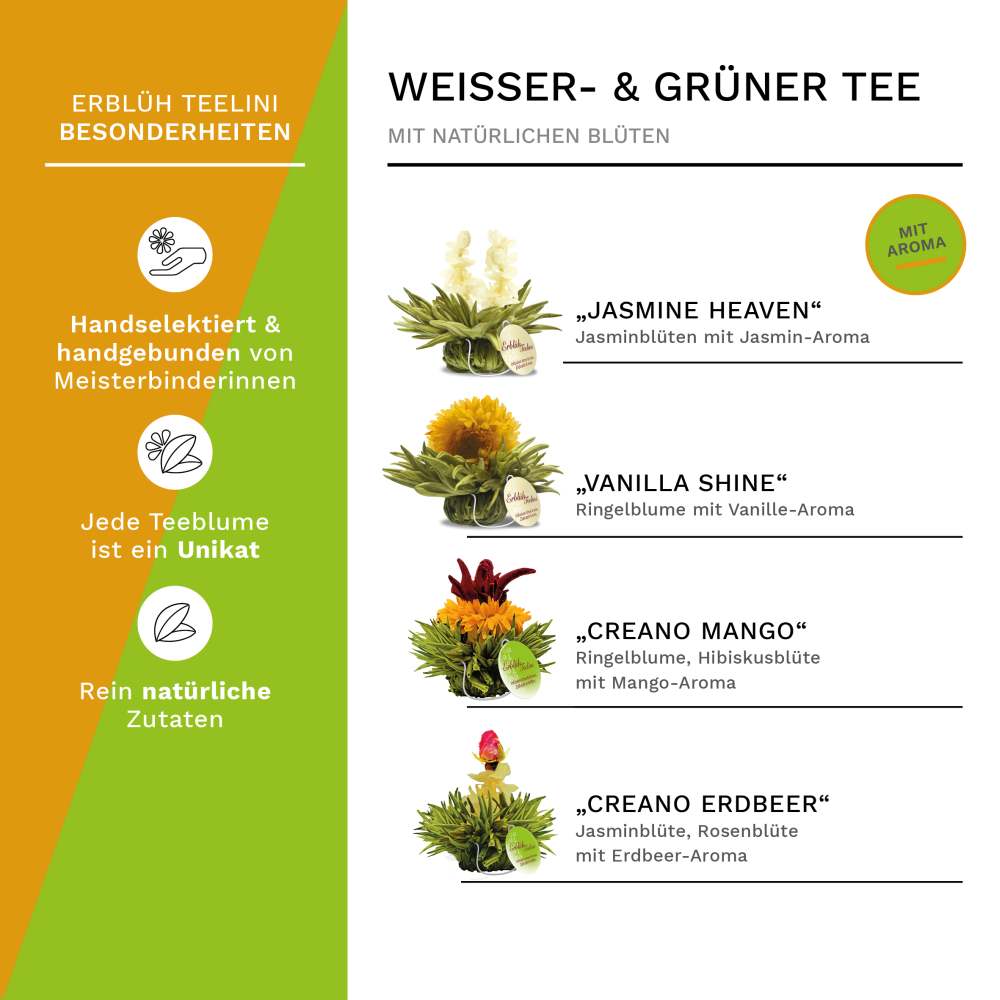 Creano 4 Teeblumen in edler Geschenkbox - Teelini weißer & grüner Tee im Tassenformat