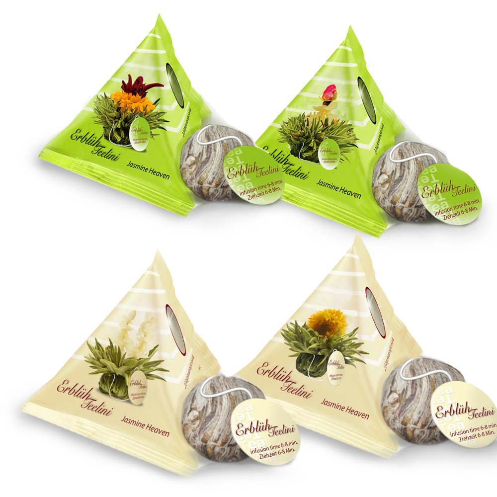 Creano 4 Teeblumen in edler Geschenkbox - Teelini weißer & grüner Tee im Tassenformat