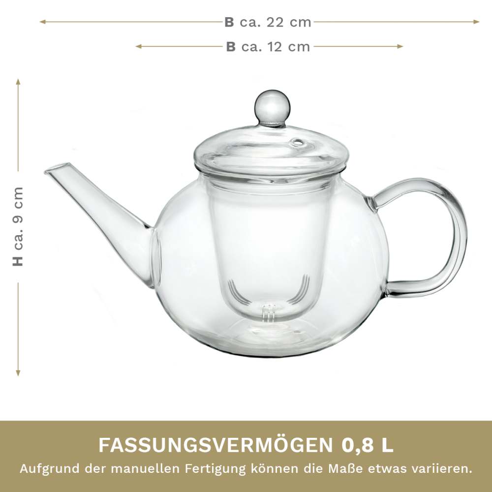 Creano Teekanne aus Glas 0,8l - Glasteekanne mit Glas-Sieb und Deckel - Ideal zur Zubereitung von losen Tees - tropffrei