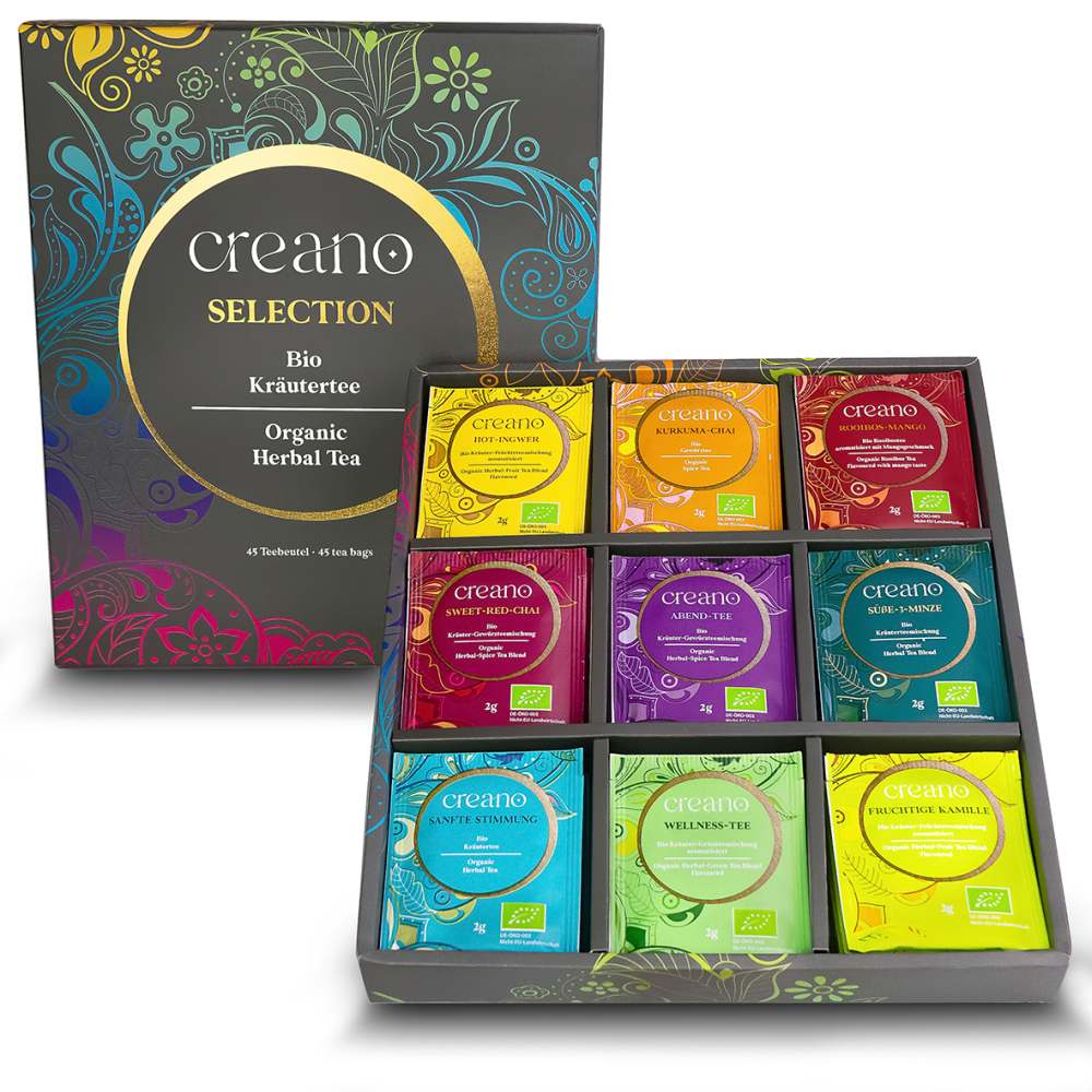 Creano Bio Kräutertee Geschenkset Grey „ORGANIC HERBAL TEA“ - 45 Bio-Teebeutel in 9 unterschiedlichen Sorten - 90g