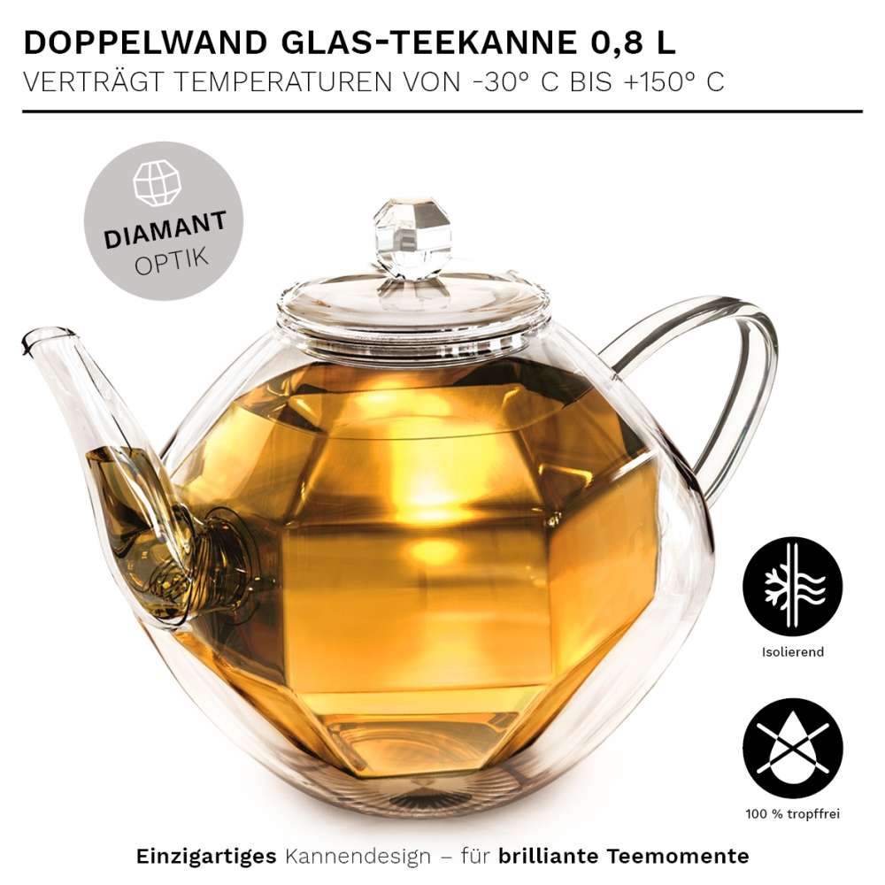 Creano "Diamond-Design", doppelwandige Glas-Teekanne mit Thermo Effekt inkl. Spiralsieb | 800ml
