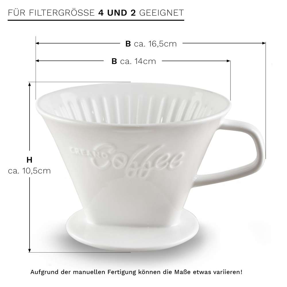 Creano Porzellan Kaffeefilter - Filter Größe 4 für Filtertüten Gr. 1x4 - Weiß