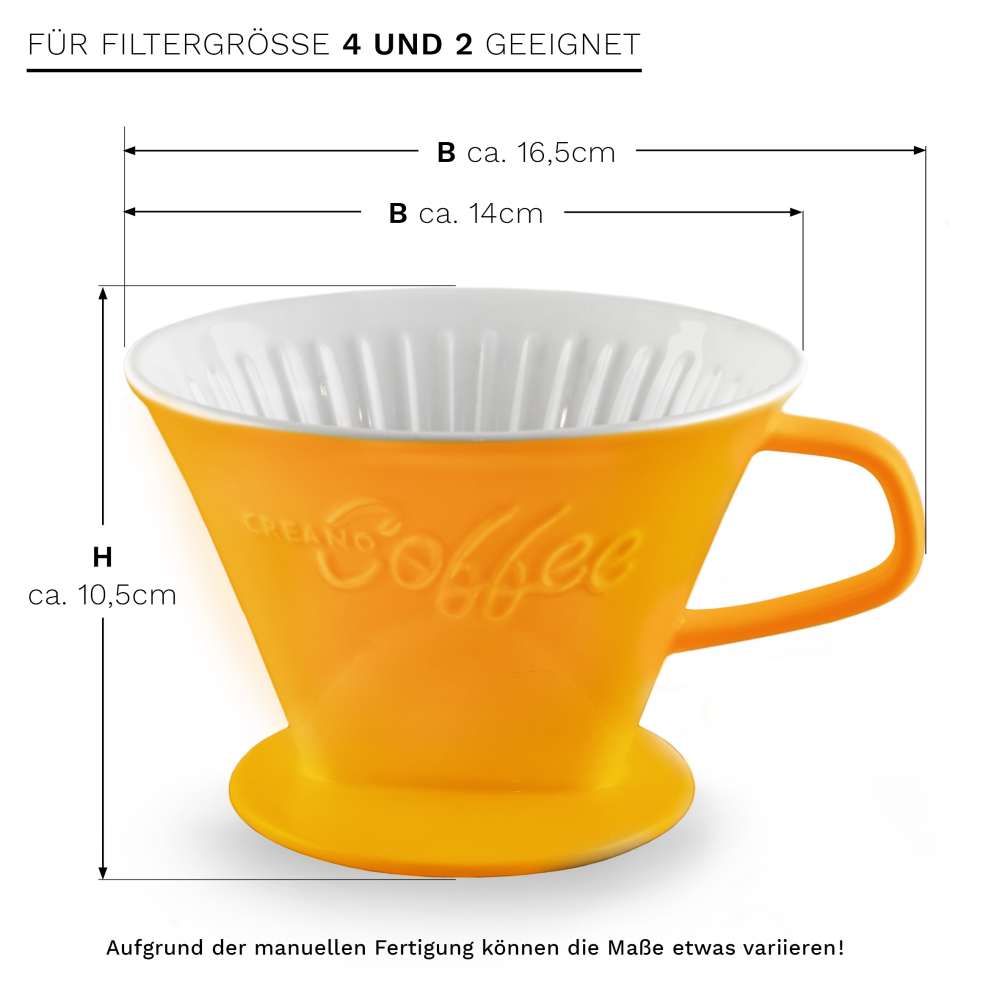 Creano Porzellan Kaffeefilter - Filter Größe 4 für Filtertüten Gr. 1x4 - Safrangelb