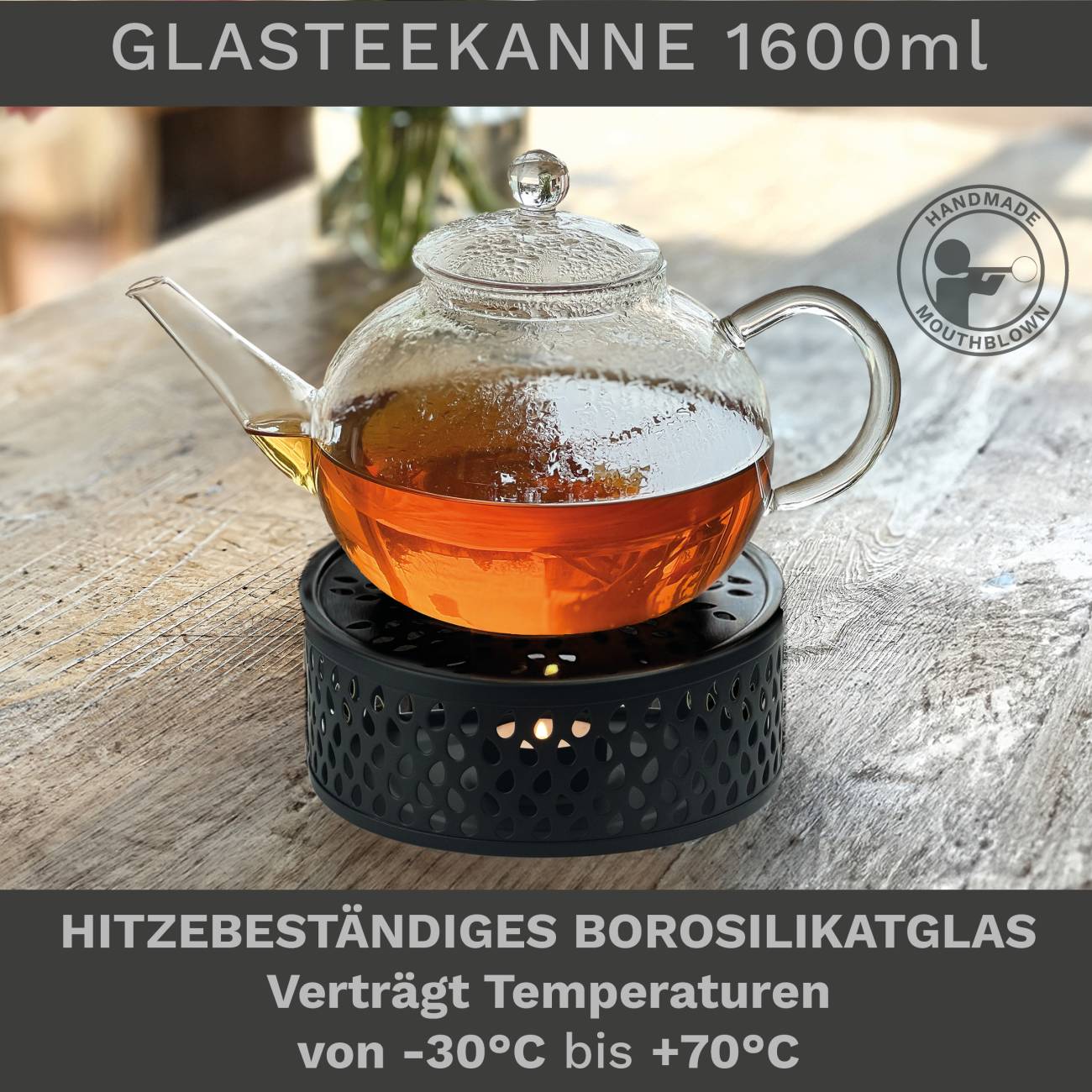 Creano Teekanne aus Glas 1,6l mit Edelstahlsieb und schwarzem Stövchen "Leaf" - Creano