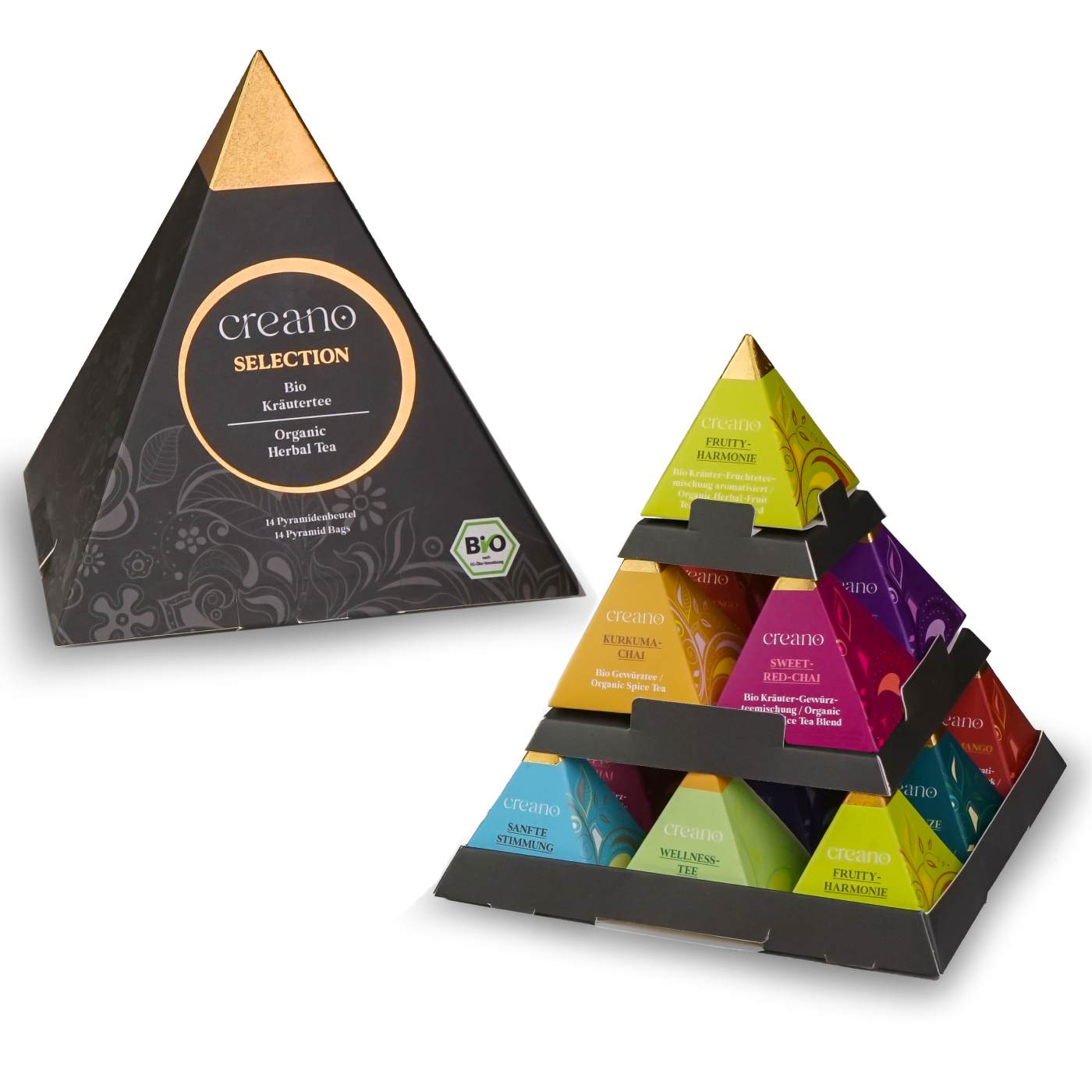Creano Premium Bio Kräutertee Geschenkset „PYRAMIDE“ - 14 Pyramiden-Teebeutel in 9 unterschiedlichen Sorten - 35g - NEUHEIT 2025*