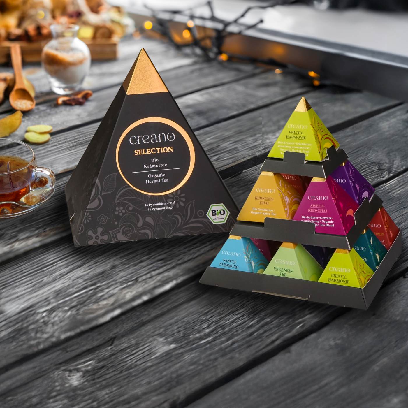 Creano Premium Bio Kräutertee Geschenkset „PYRAMIDE“ - 14 Pyramiden-Teebeutel in 9 unterschiedlichen Sorten - 35g - NEUHEIT 2025*