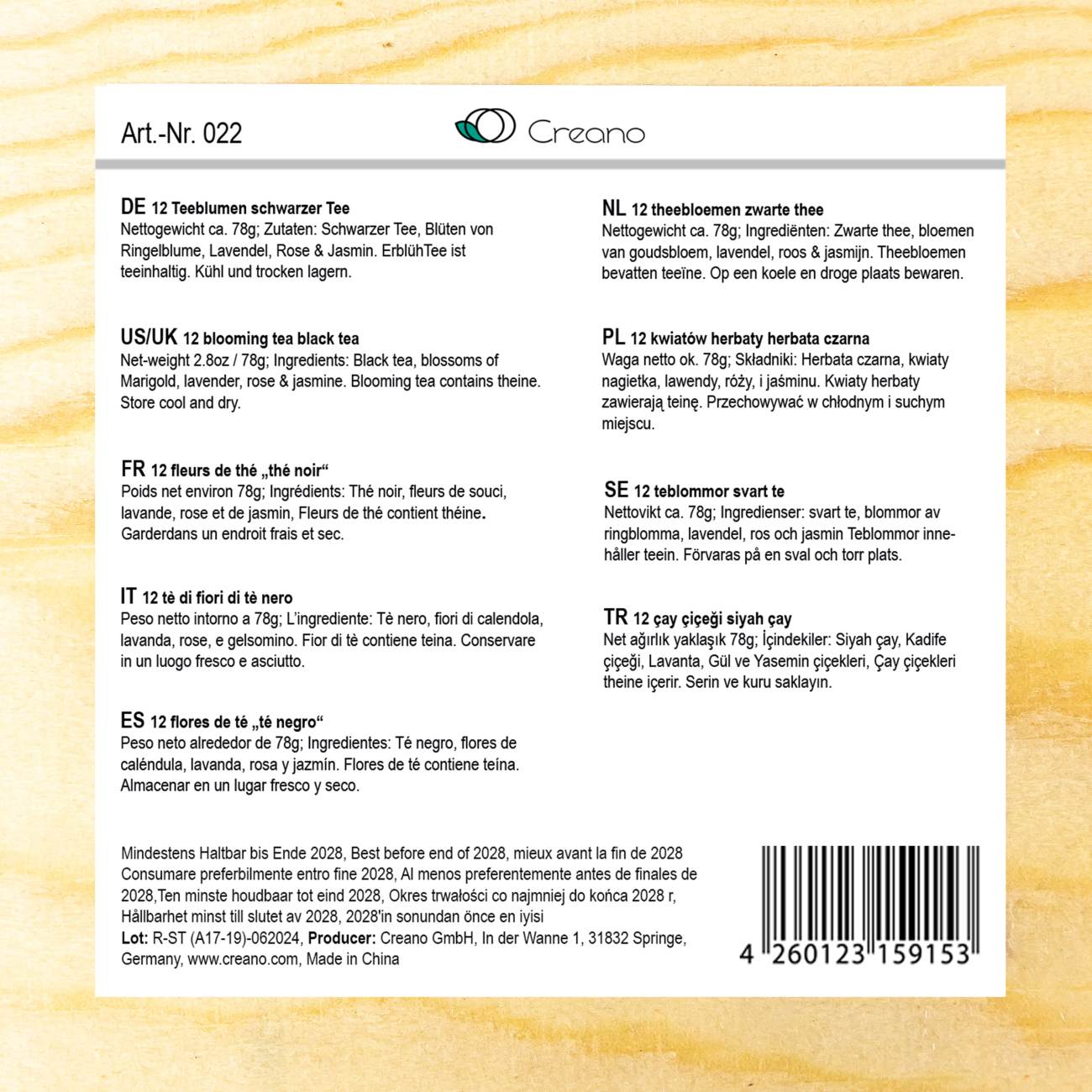 Creano Teeblumen Geschenkset in Holz-Präsentbox Schwarzer Tee 12 Erblühtee in 3 Sorten