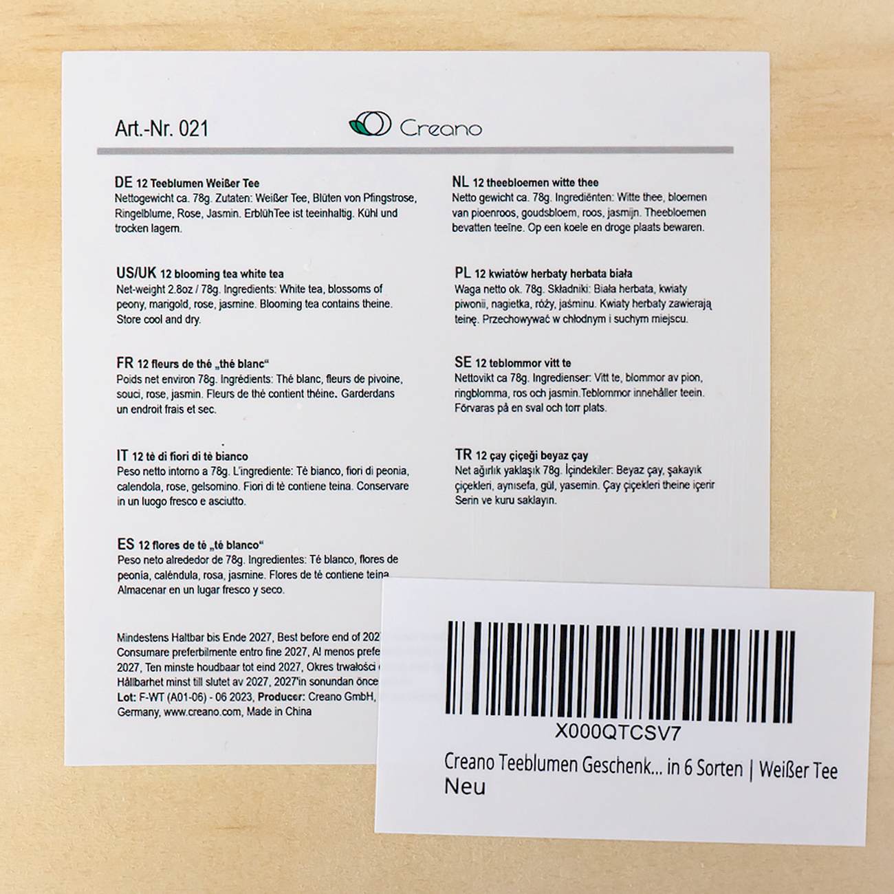 Creano Teeblumen Geschenkset in Teekiste aus Holz, 12 Erblühtee in 6 Sorten Weißtee, Geschenk für Frauen, Mutter, Teeliebhaber