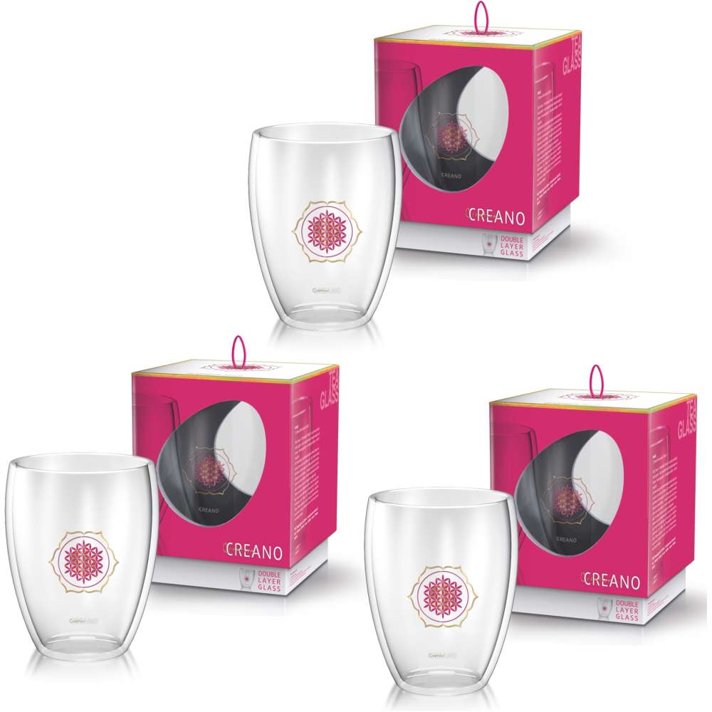 Creano doppelwandiges Tee-Glas, Latte Macchiato, Thermobecher Blume des Lebens | 250ml, in exklusiver Geschenkbox 3er Set