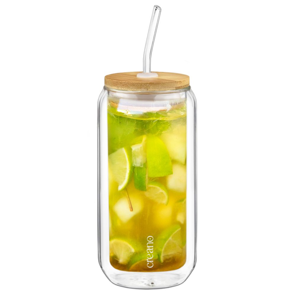 Creano doppelwandiges Trinkglas mit Bambusdeckel & Strohhalm 360ml - Smoothie Becher - Bubble Tea - Cocktailglas