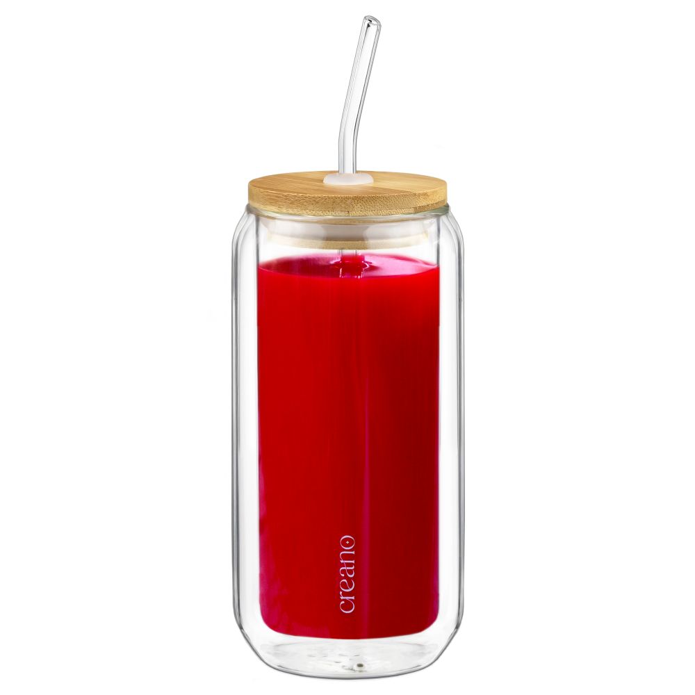 Creano doppelwandiges Trinkglas mit Bambusdeckel & Strohhalm 360ml - Smoothie Becher - Bubble Tea - Cocktailglas