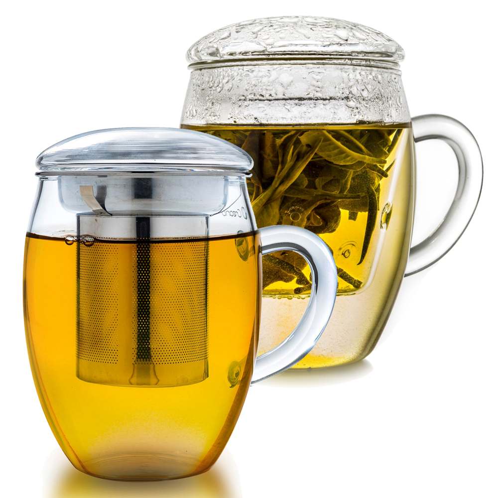 Creano 2er-Set Teeglas all in one, mit Edelstahlsieb & Glassieb und Glasdeckel, 400ml ein idealer Teebereiter