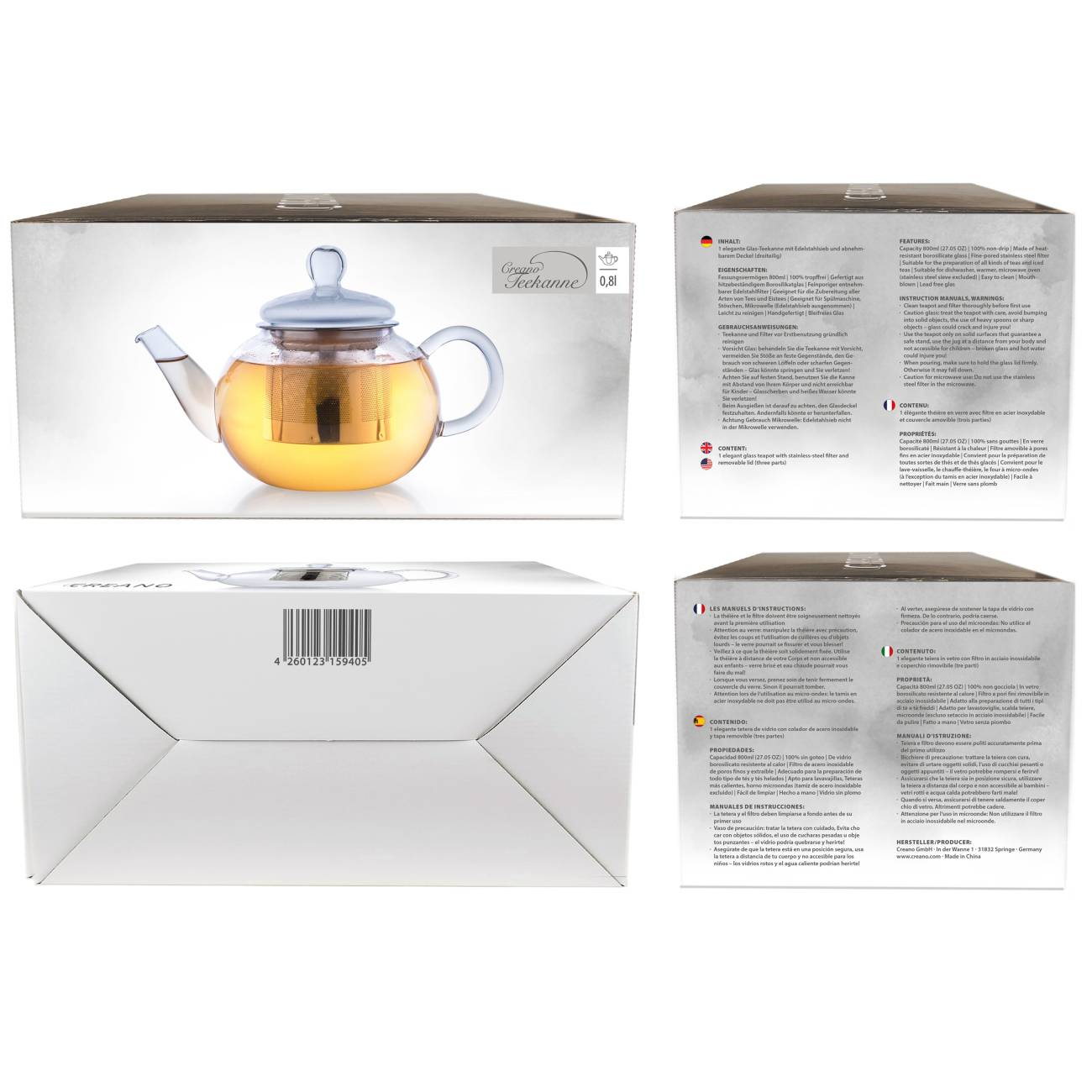 Creano Glas Teekanne "flach" | 800ml - Creano