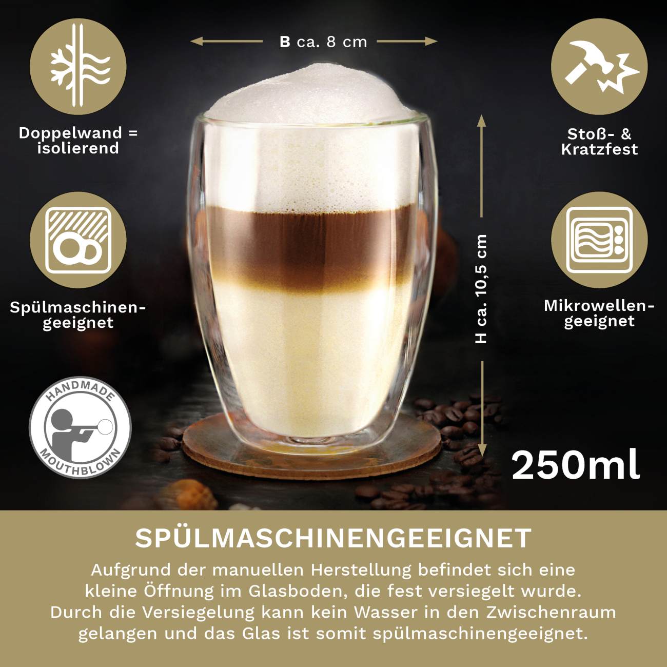 Creano doppelwandiges Thermoglas (Set: 2er, 4er, 6er) "hoch" | 250ml