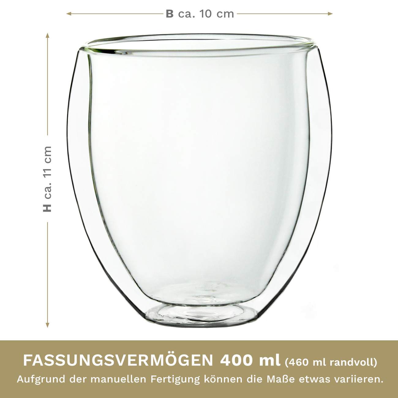 Creano Doppelwandiges Thermoglas "bauchig" XXL, Extra Großes Hitzebeständiges Kaffeeglas / Teeglas | 400ml inkl. einer Teeblume