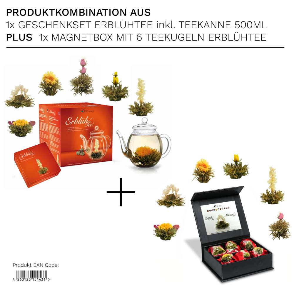 Creano Teeblumen Mix - Geschenkset "ErblühTee" mit Glaskanne & 6 Teekugeln Weißtee +Magnetbox mit 6 Teeblumen weißer Tee, insgesamt 12 ErblühTee in 6 verschiedene Sorten
