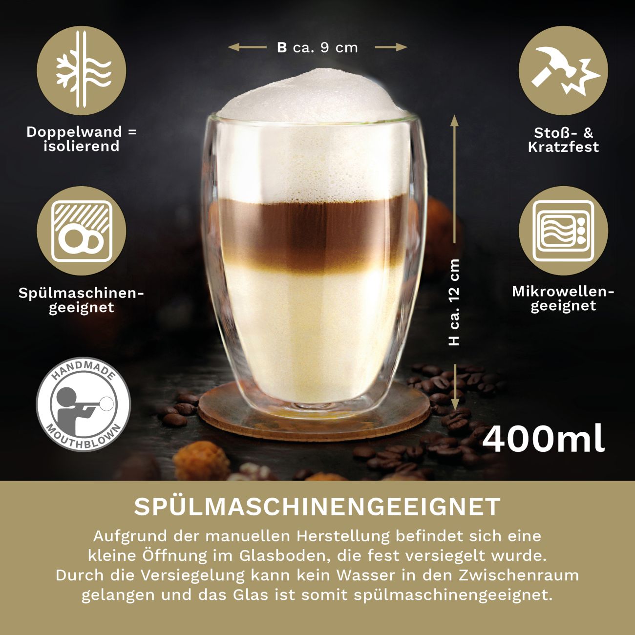 Creano Doppelwandglas (Set: 1er, 2er, 4er, 6er) Thermoglas "hoch" | 400ml - Creano
